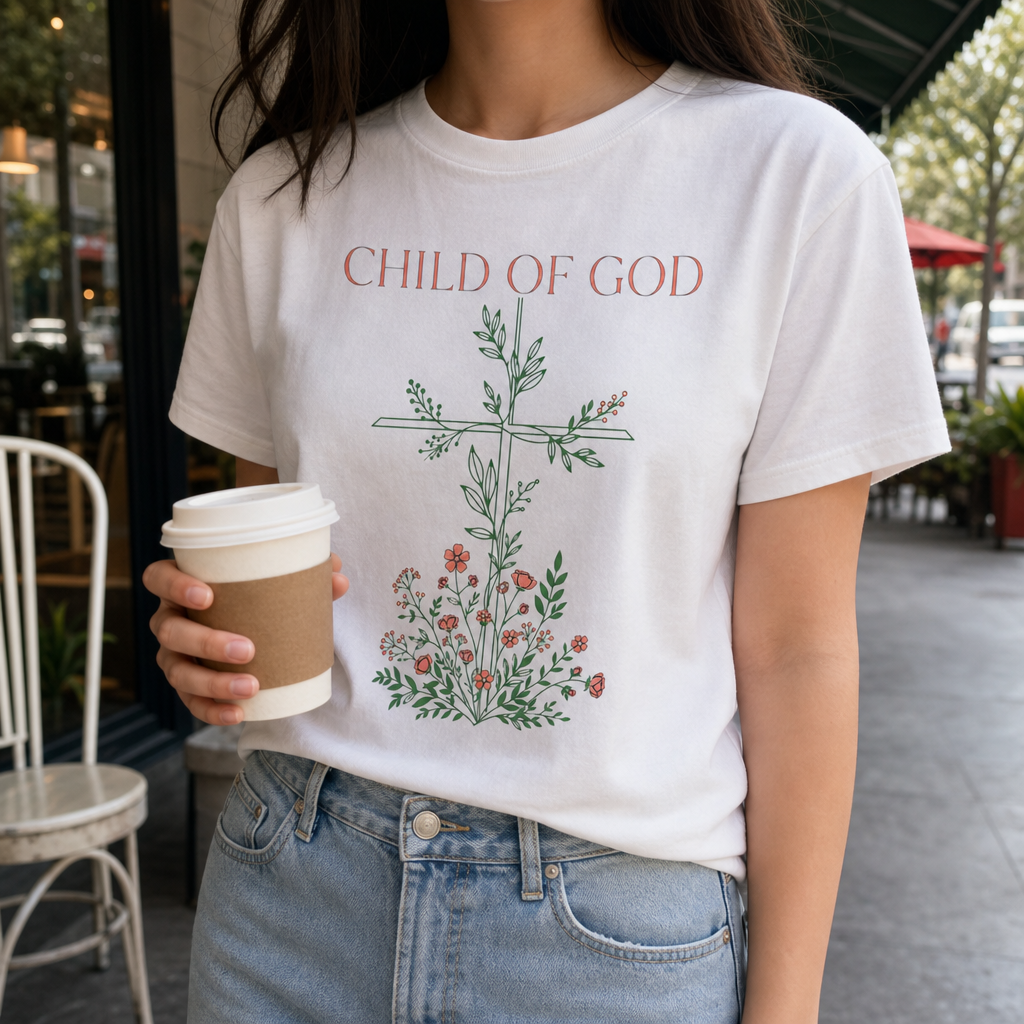 Child of God floral cross tee | Christian faith shirt, delicate wildflower design for women