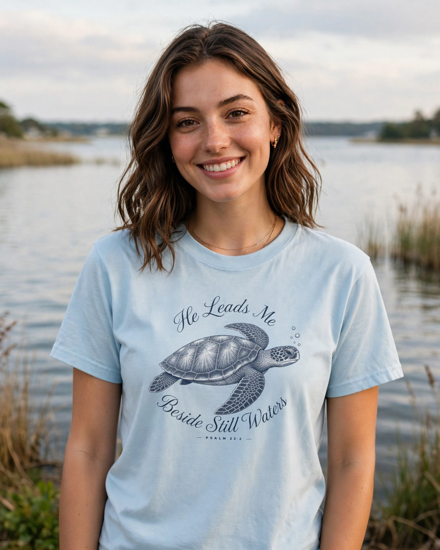 He Leads Me Beside Still Waters Sea Turtle T-Shirt | Christian Scripture Tee